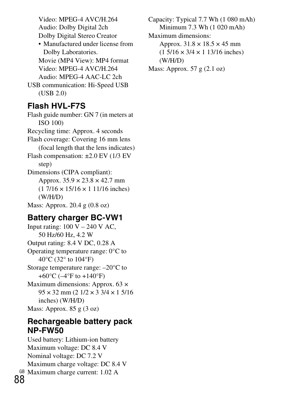 Flash hvl-f7s, Battery charger bc-vw1, Rechargeable battery pack np-fw50 | Sony NEX-5NK User Manual | Page 88 / 94