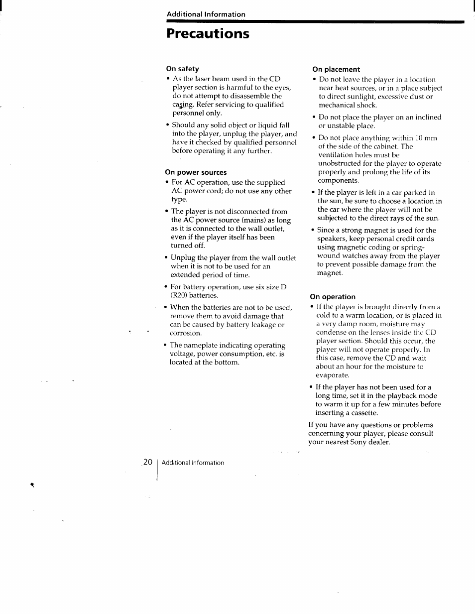 Additional information, Precautions, On safety | On power sources, On placement, On operation | Sony CFD-V35 User Manual | Page 20 / 26