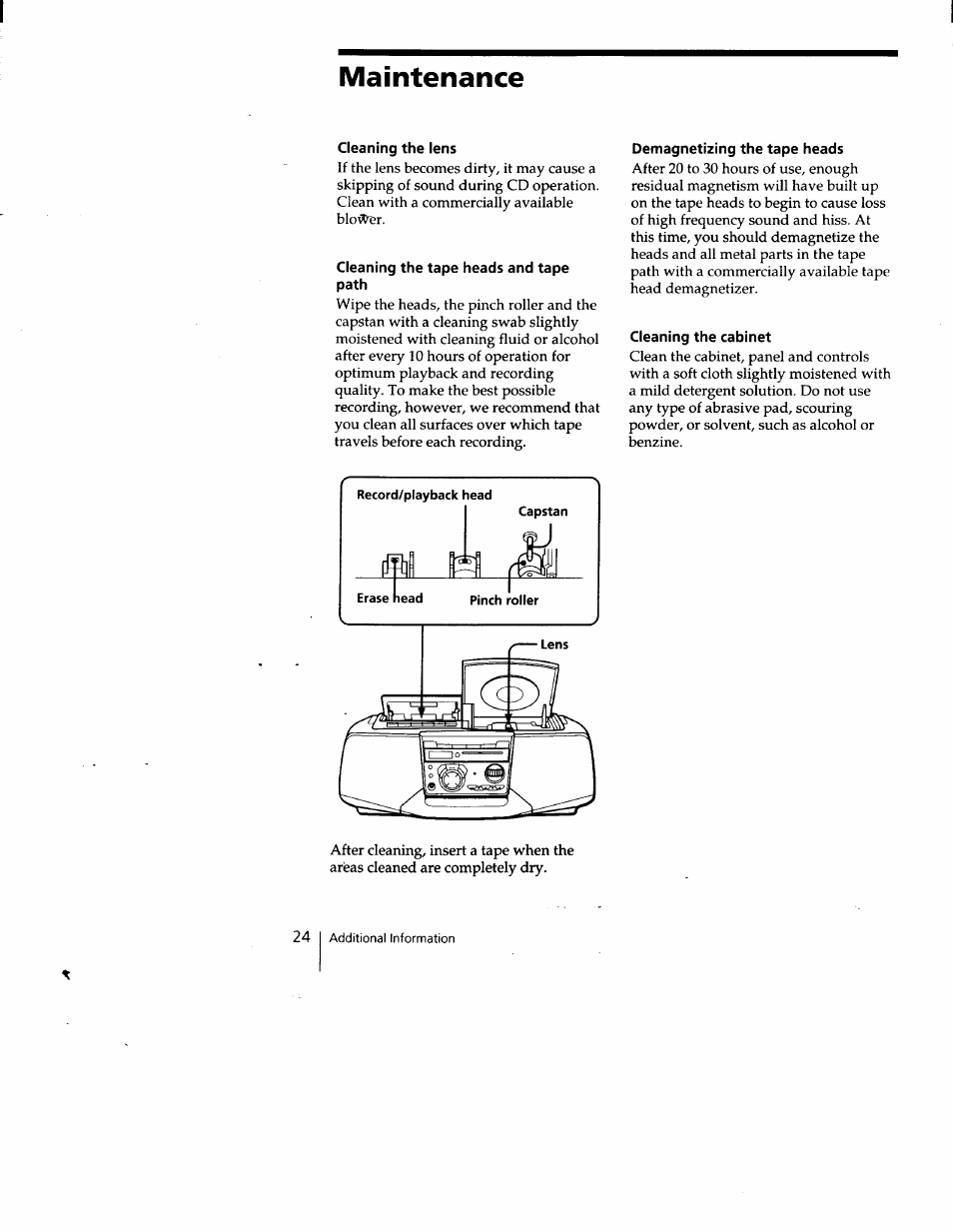 Maintenance, Cleaning the lens, Cleaning the tape heads and tape path | Demagnetizing the tape heads, Cleaning the cabinet | Sony CFD-V35 User Manual | Page 24 / 26