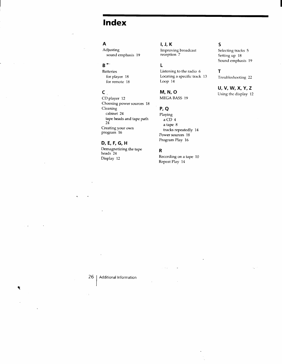 Index, D, e. f. g, h, I. j, k | M. n. o | Sony CFD-V35 User Manual | Page 26 / 26