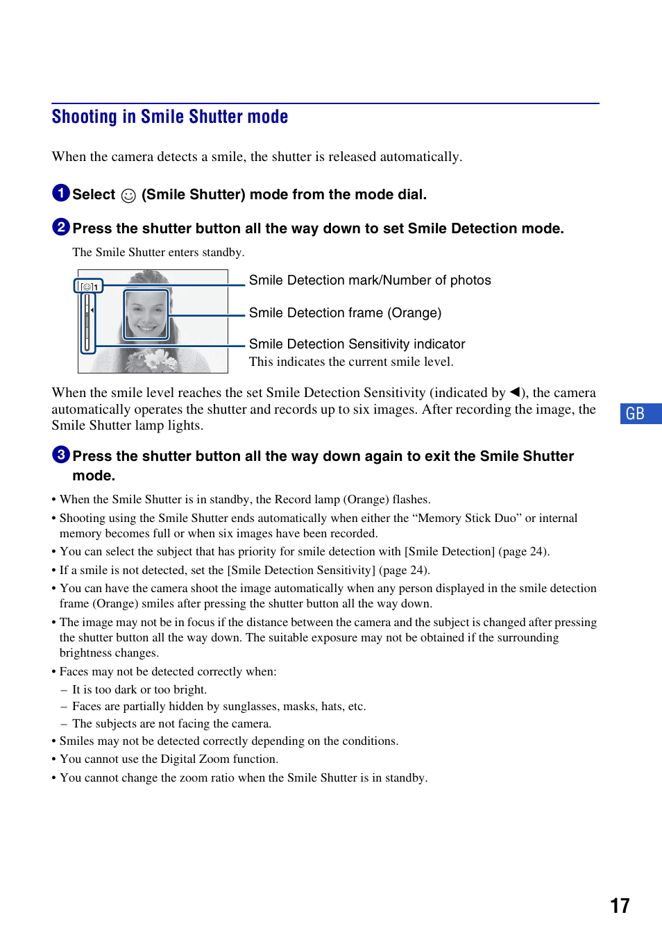 Shooting in smile shutter mode | Sony DSC-W130 User Manual | Page 17 / 72