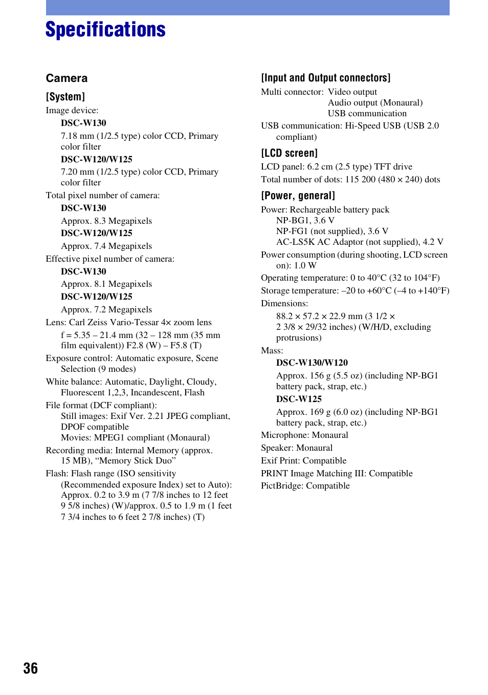 Specifications | Sony DSC-W130 User Manual | Page 36 / 72