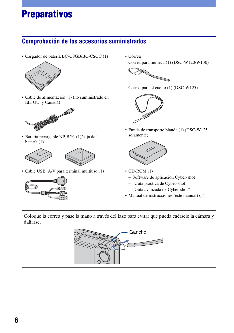 Preparativos, Comprobación de los accesorios suministrados | Sony DSC-W130 User Manual | Page 42 / 72
