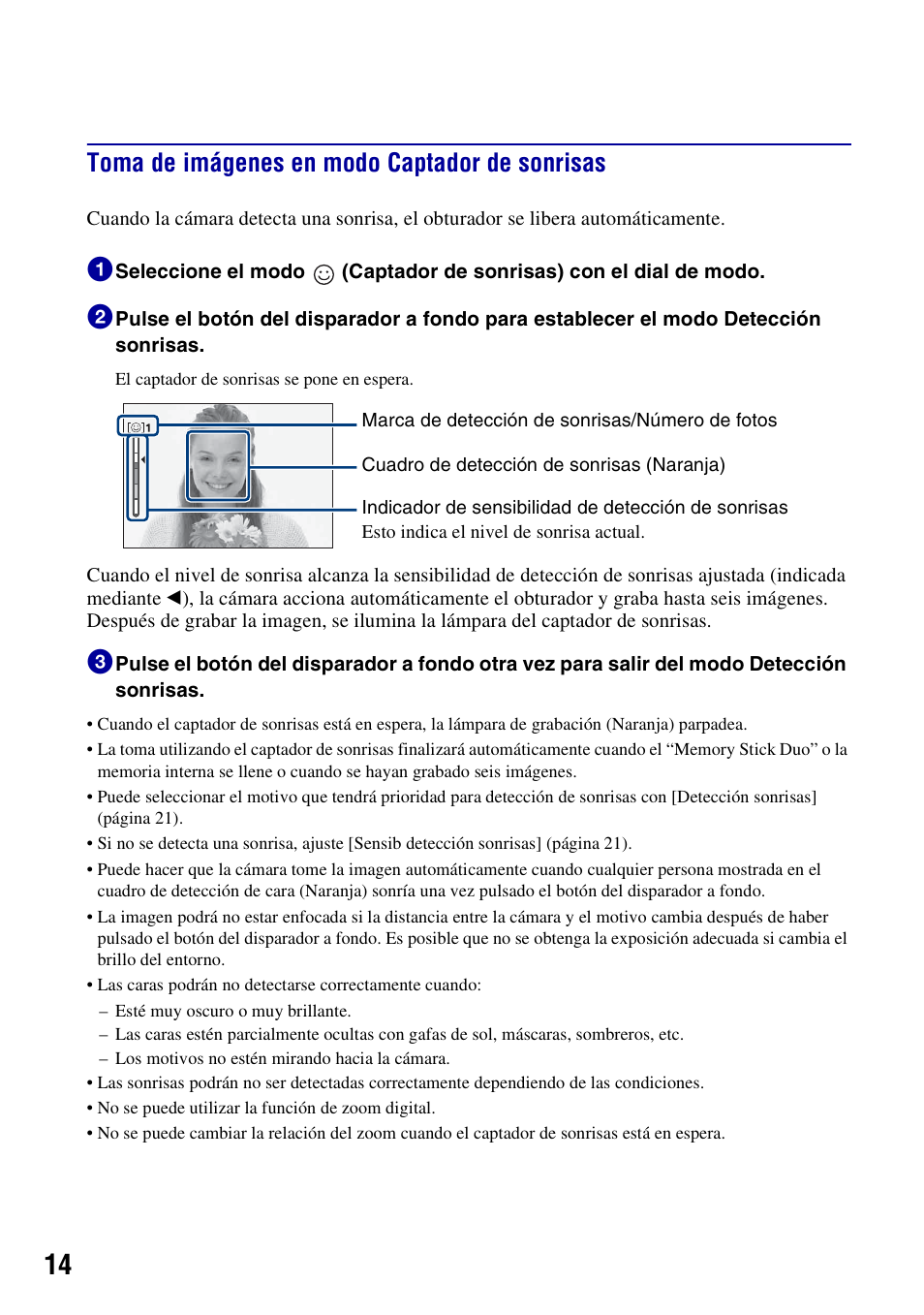 Toma de imágenes en modo captador de sonrisas | Sony DSC-W130 User Manual | Page 50 / 72