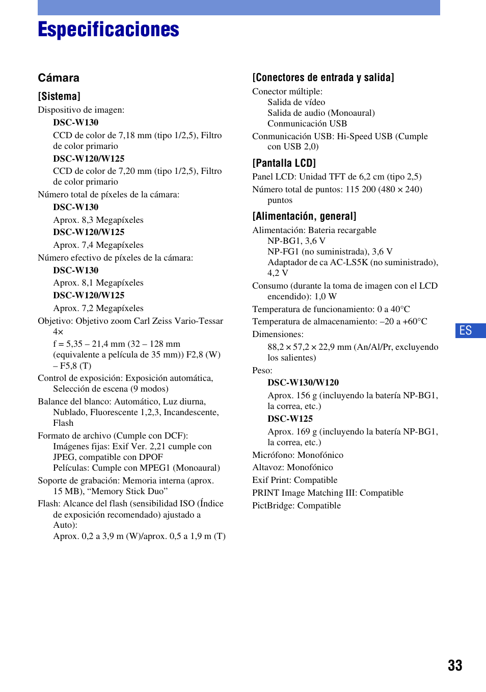 Especificaciones | Sony DSC-W130 User Manual | Page 69 / 72