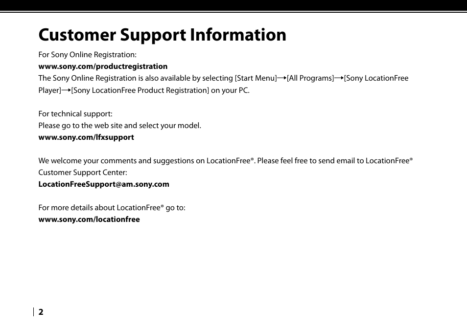 Customer support information | Sony LF-V30 User Manual | Page 2 / 16