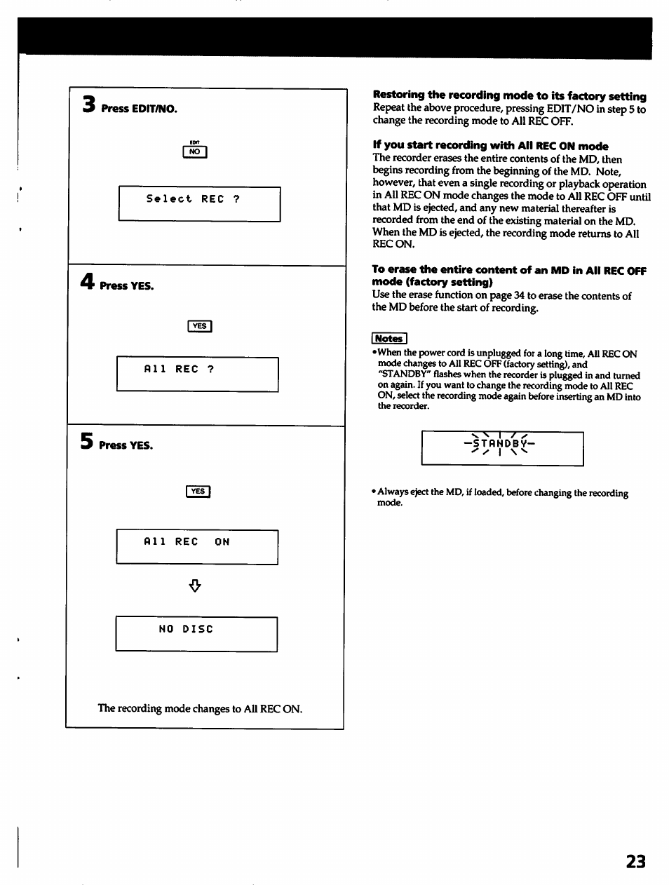 Press edit/no, If you start recording with all rec on mode, Press yes | Sony MDS-501 User Manual | Page 23 / 51