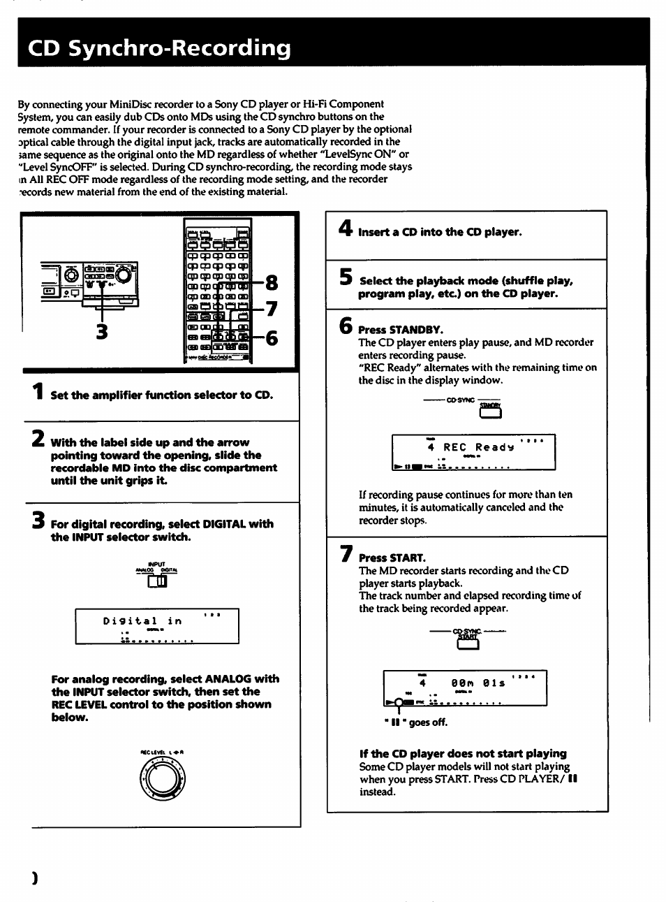 Set the amplifier function seiector to cd, Insert a cd into the cd player, Press standby | Press start, If the cd player does not start playing, Cd synchro-recording | Sony MDS-501 User Manual | Page 30 / 51