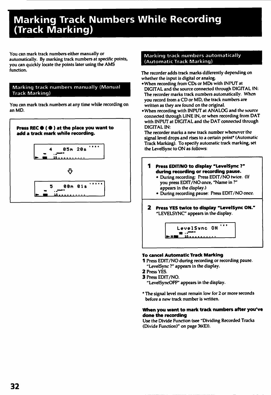 2 press yes twice to display "levelsync on, To cancel automatic track marking | Sony MDS-501 User Manual | Page 32 / 51