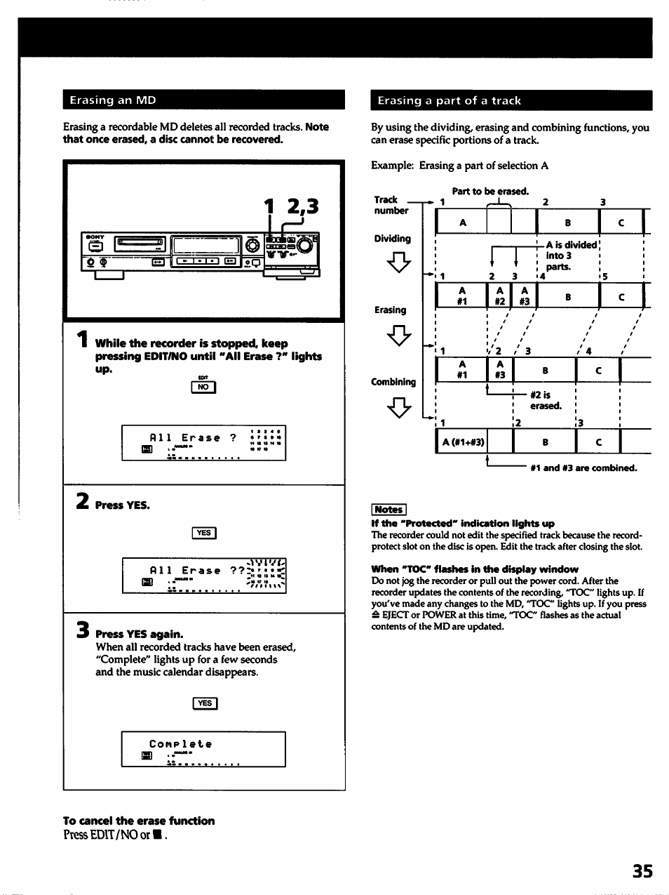 Press yes, Press yes again, To cancel the erase function | Press edlt/no or | Sony MDS-501 User Manual | Page 35 / 51