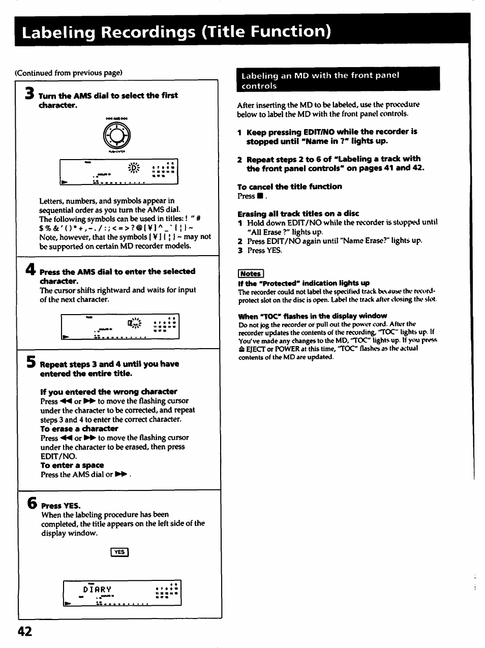 Labeling recordings (title function) | Sony MDS-501 User Manual | Page 42 / 51