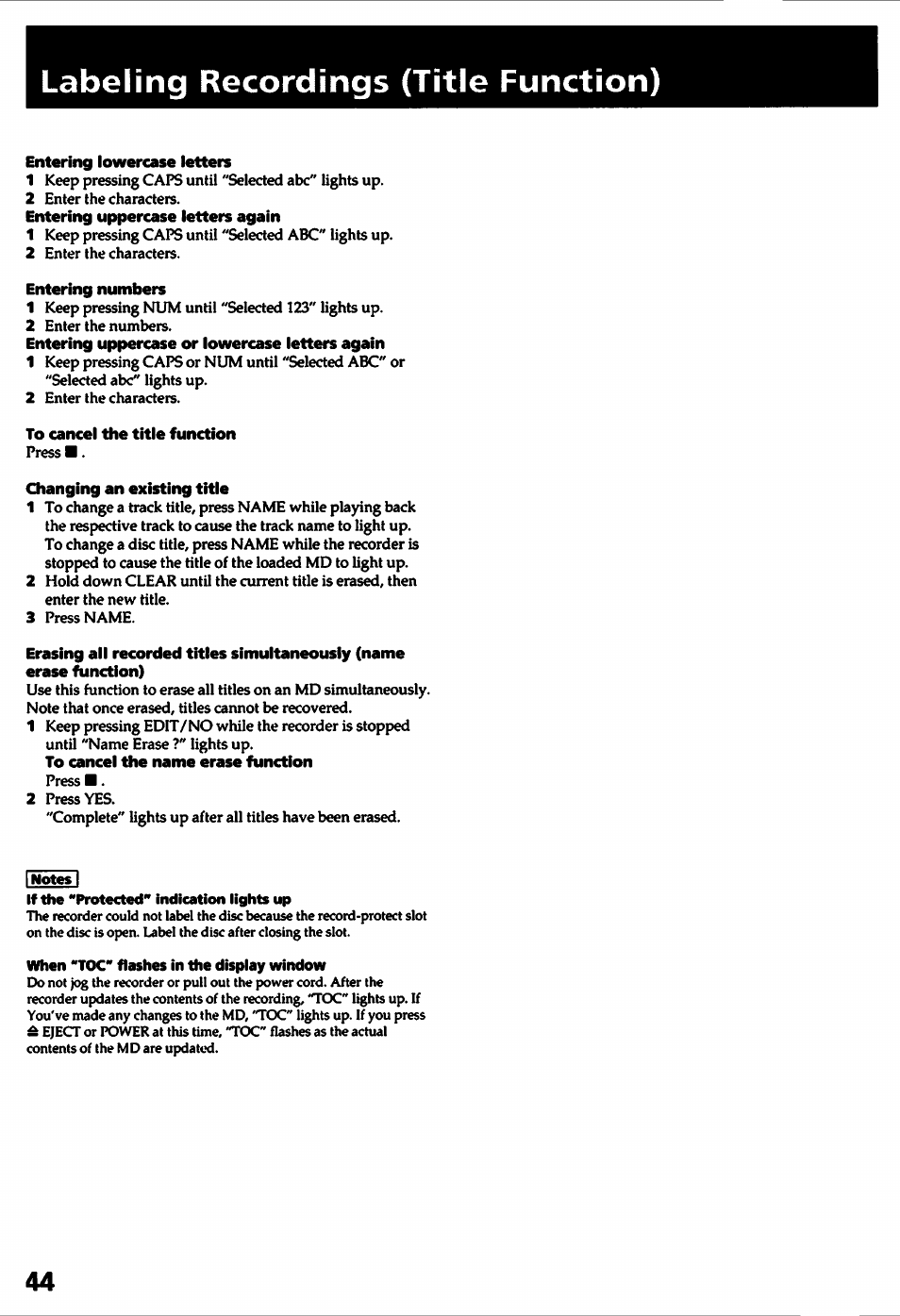Entering lowercase letters, Entering numbers, To cancel the title function | Changing an existing title, If the "protected" indication lights up, When "toc" flashes in the display window, Labeling recordings (title function) | Sony MDS-501 User Manual | Page 44 / 51