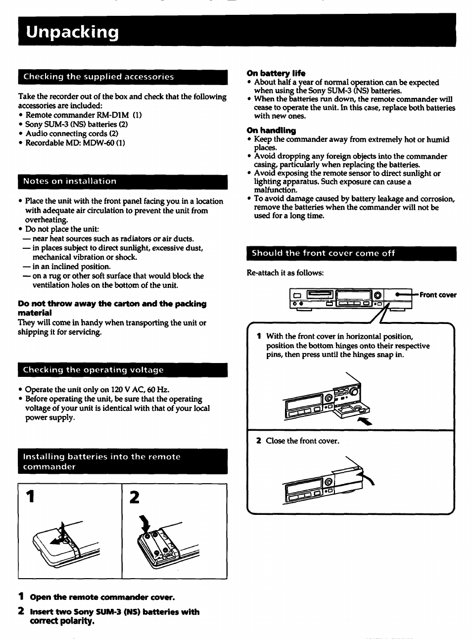 Unpacking, On battery life, 1 open the remote commander cover | Sony MDS-501 User Manual | Page 7 / 51
