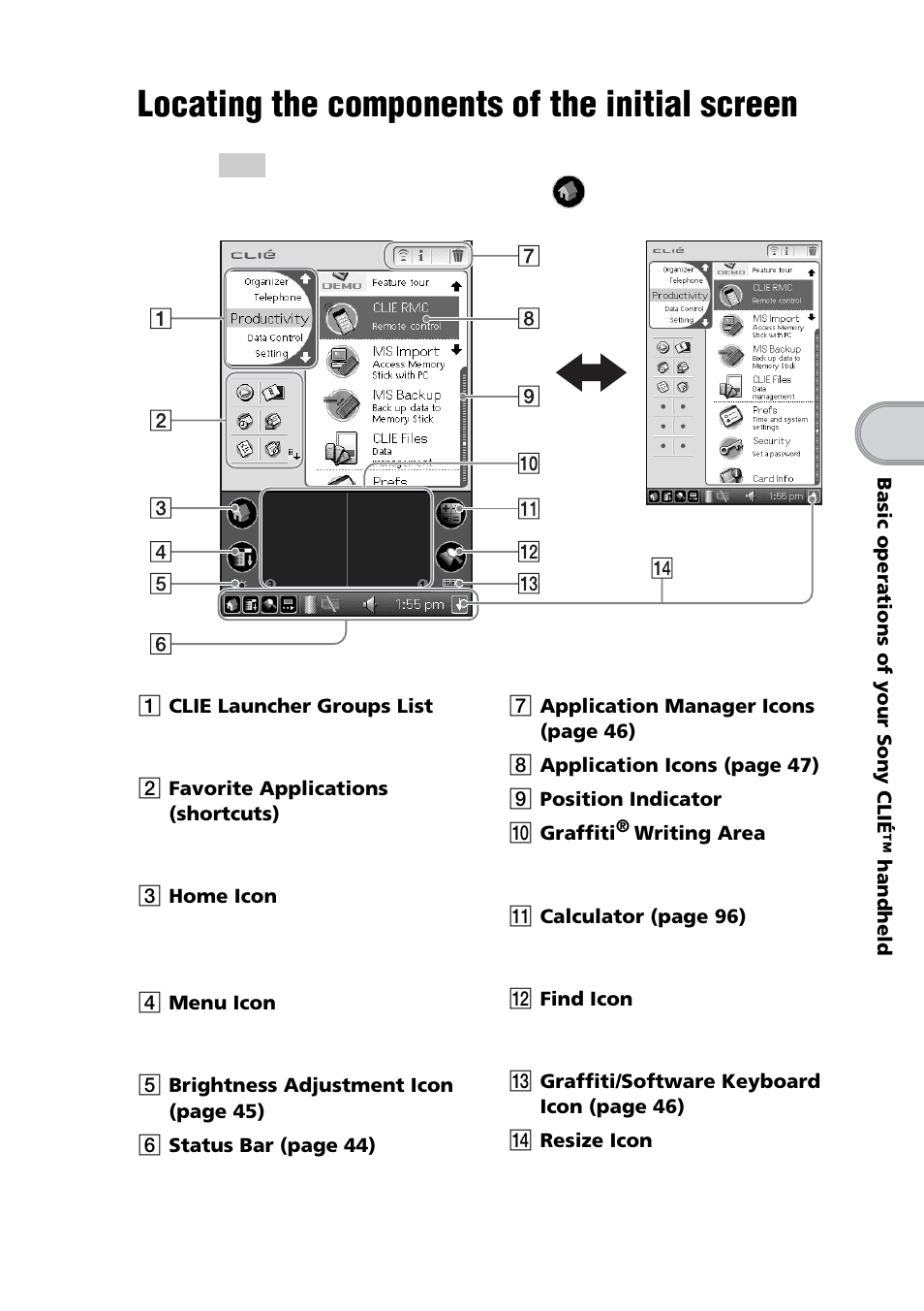 Locating the components of the initial screen, Locating the components of the initial, Screen | E 43 | Sony PEG-NZ90 User Manual | Page 43 / 116