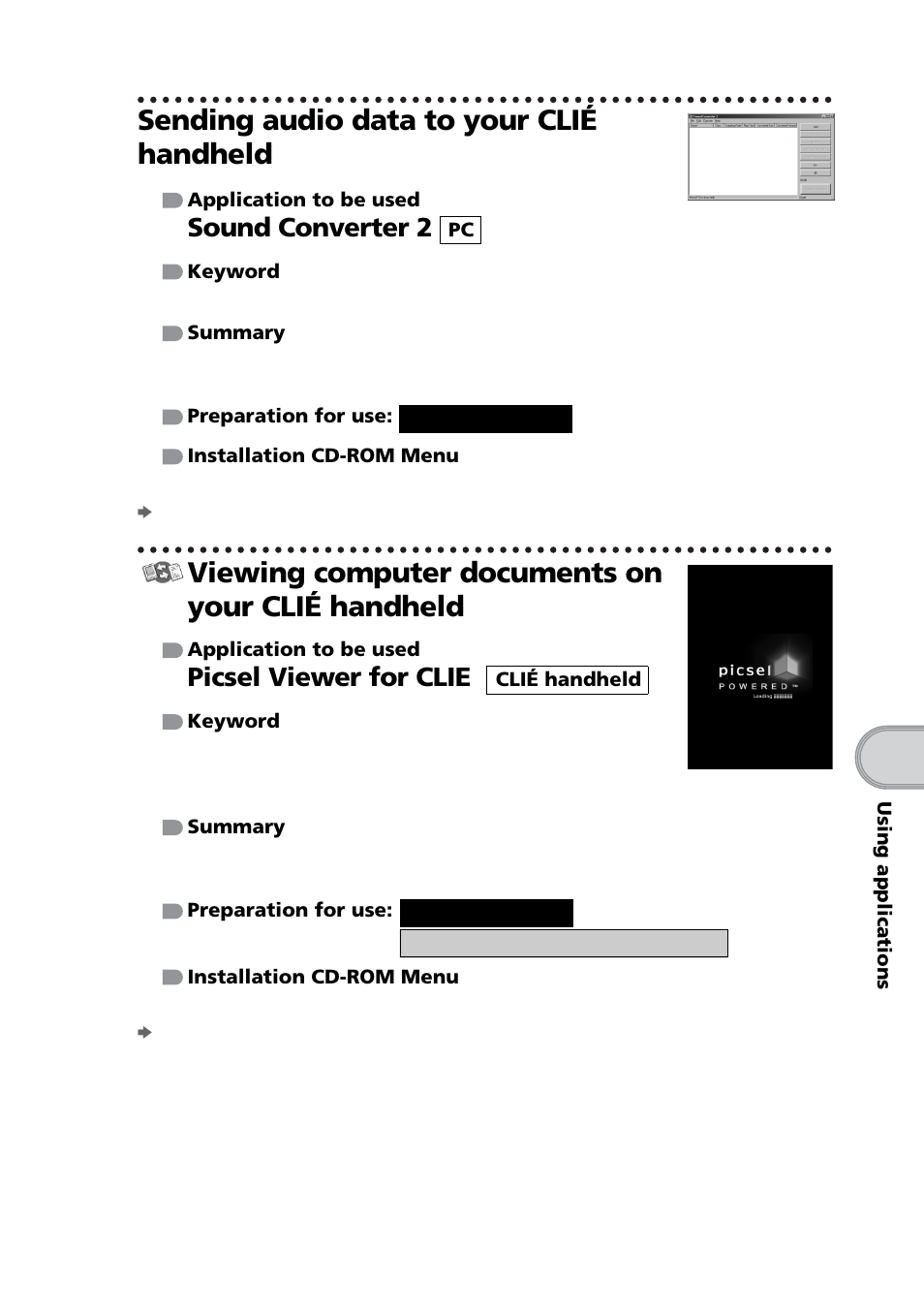 Sending audio data to your clié handheld, Viewing computer documents on your clié handheld, Sound converter 2 | Picsel viewer for clie | Sony PEG-NZ90 User Manual | Page 99 / 116