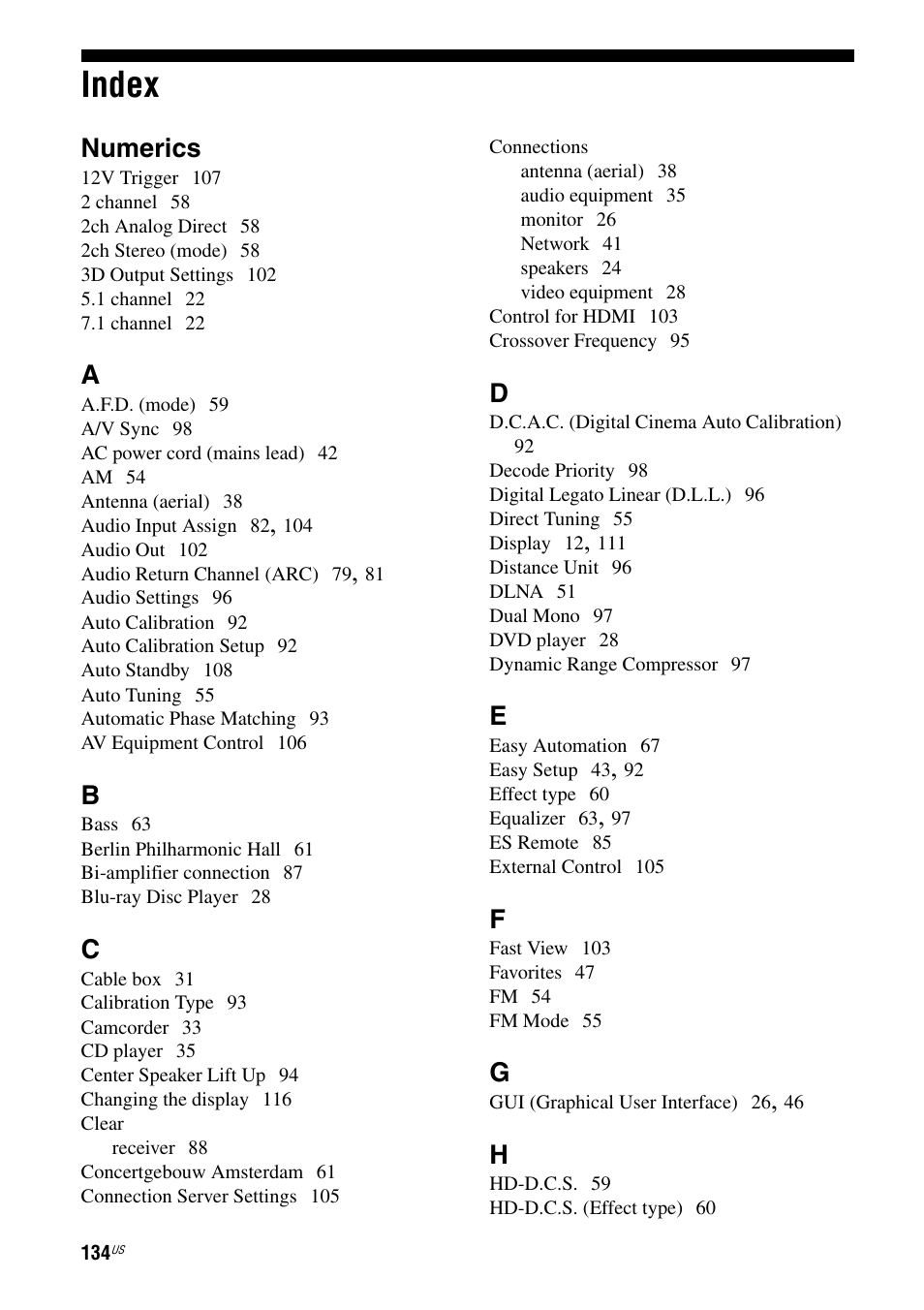 Index, Numerics | Sony STR-DA2800ES User Manual | Page 134 / 138