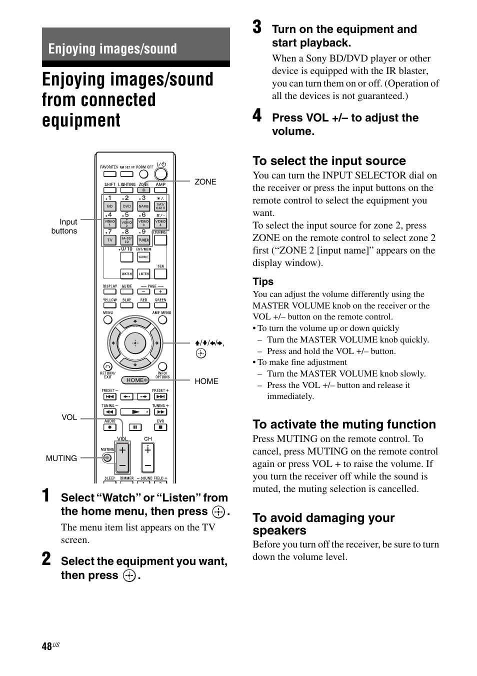 Enjoying images/sound, Enjoying images/sound from connected equipment, Enjoying images/sound from connected | Equipment, Enjoying images/sound from connected equipment 1 | Sony STR-DA2800ES User Manual | Page 48 / 138