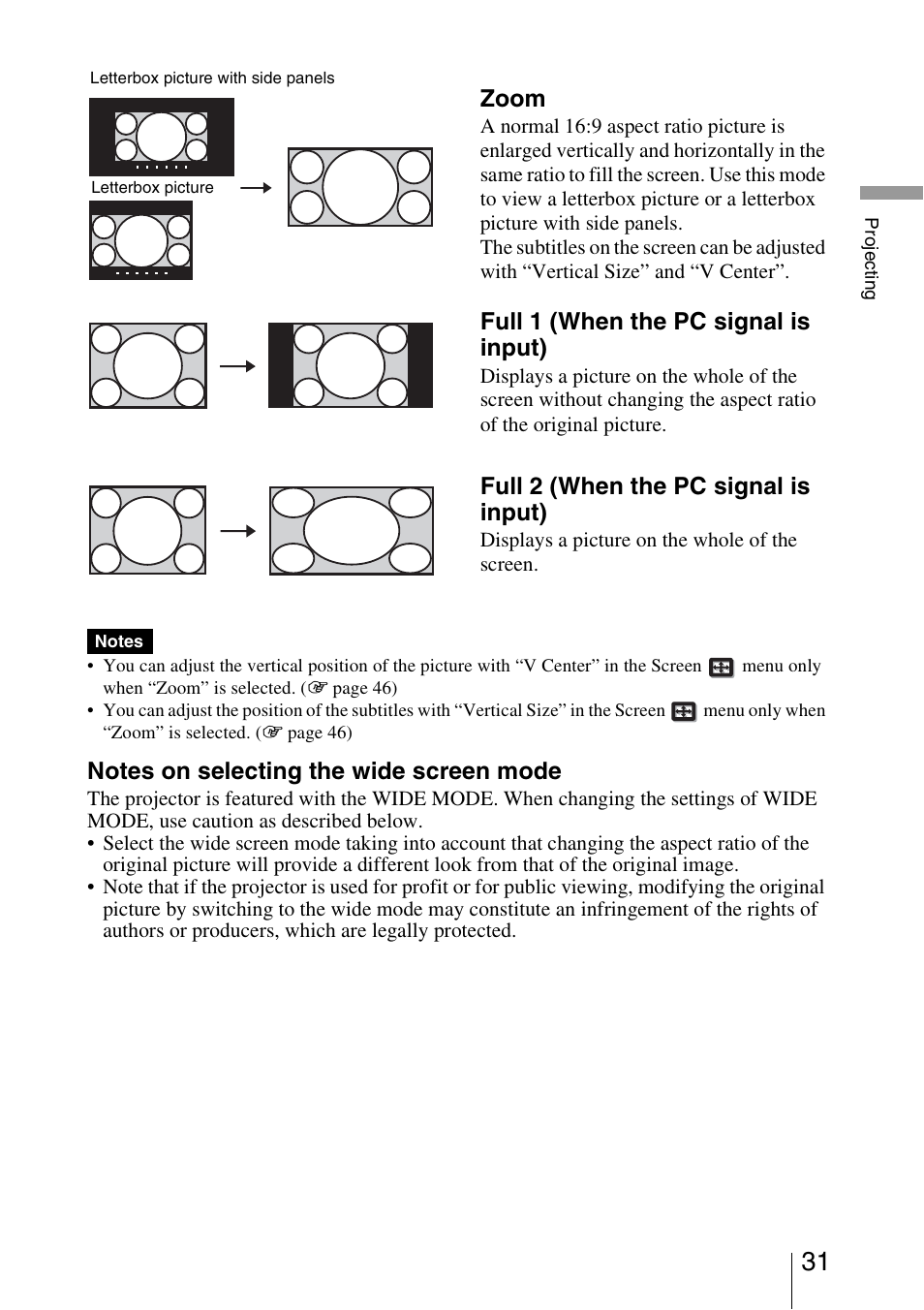 Zoom, Full 1 (when the pc signal is input), Full 2 (when the pc signal is input) | Sony VPL-VW50 User Manual | Page 31 / 80
