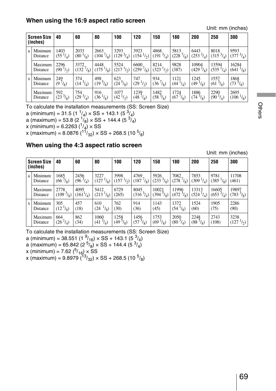 When using the 16:9 aspect ratio screen, When using the 4:3 aspect ratio screen, Oth e rs | Sony VPL-VW50 User Manual | Page 69 / 80