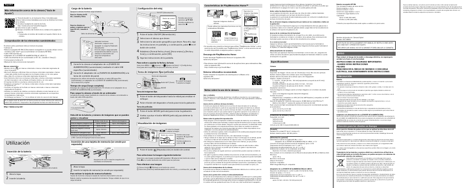 Utilización, Comprobación de los elementos suministrados, Carga de la batería | Configuración del reloj, Toma de imágenes fijas/películas, Visualización de imágenes, Notas sobre la uso de la cámara, Especificaciones, Aviso, Precaución | Sony DSC-W800 User Manual | Page 2 / 2