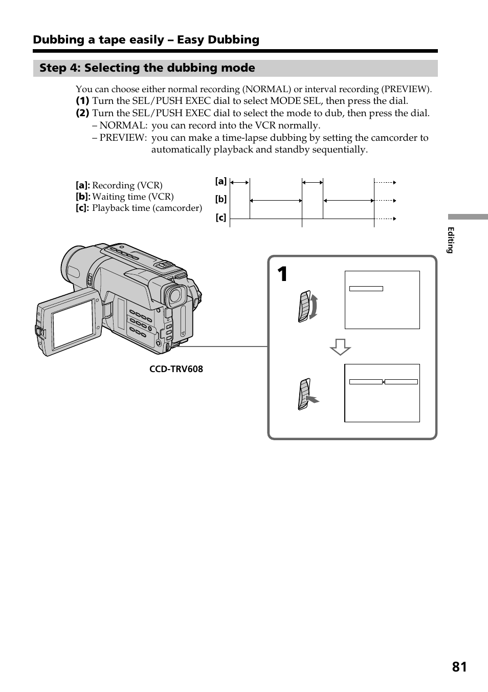 Step 4: selecting the dubbing mode, Dubbing a tape easily – easy dubbing, A] [b] [c | Ccd-trv608 | Sony DCR-TRV140 User Manual | Page 81 / 148
