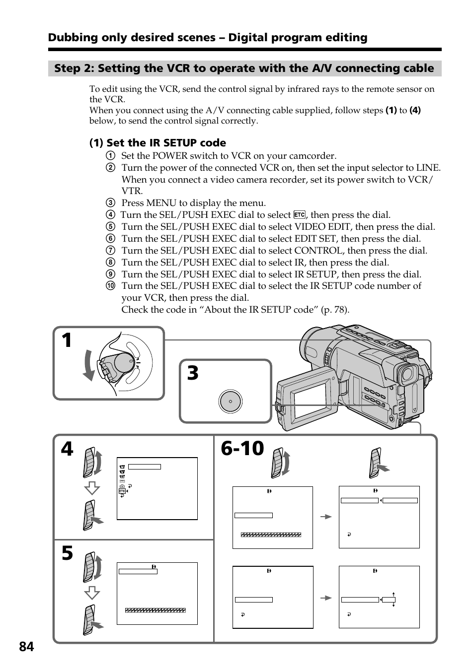 1) set the ir setup code, Menu | Sony DCR-TRV140 User Manual | Page 84 / 148