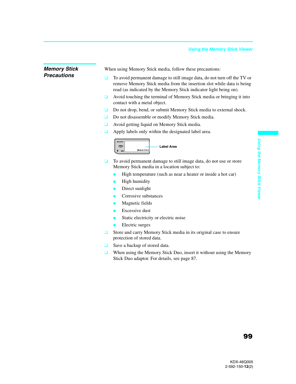 Memory stick precautions | Sony KDX-46Q005 User Manual | Page 101 / 151