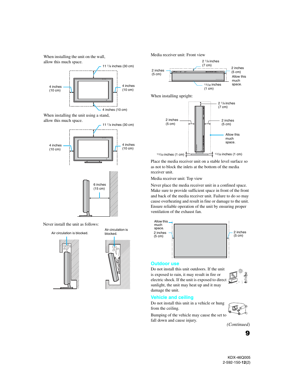 Outdoor use, Vehicle and ceiling, Continued) | Sony KDX-46Q005 User Manual | Page 11 / 151