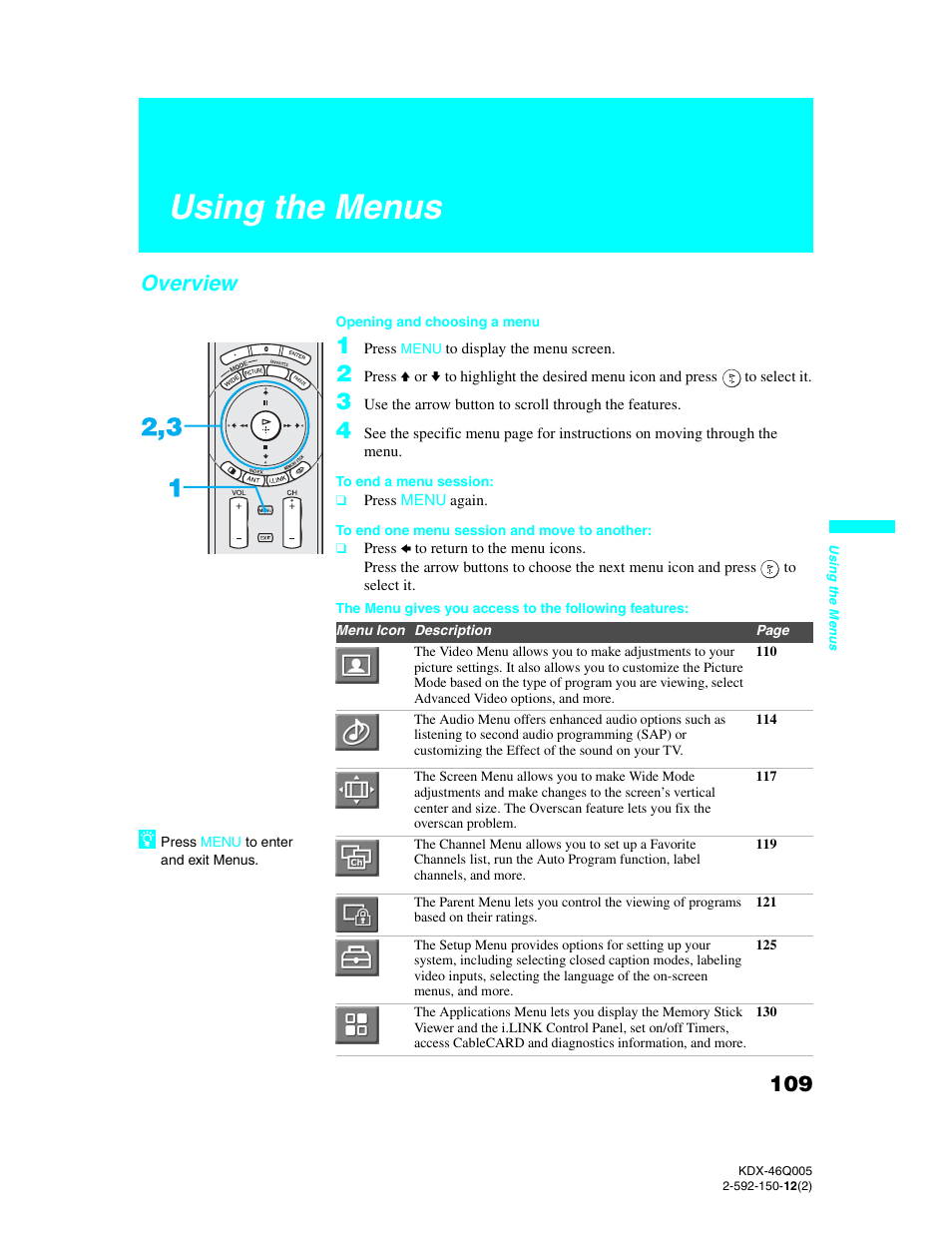 Using the menus, Overview | Sony KDX-46Q005 User Manual | Page 111 / 151