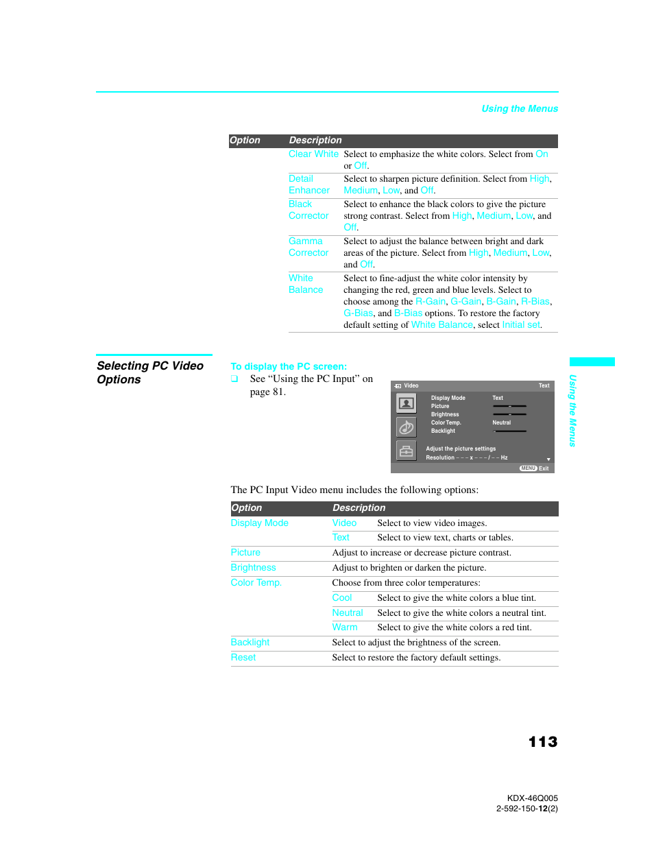 Selecting pc video options, Es 11 | Sony KDX-46Q005 User Manual | Page 115 / 151