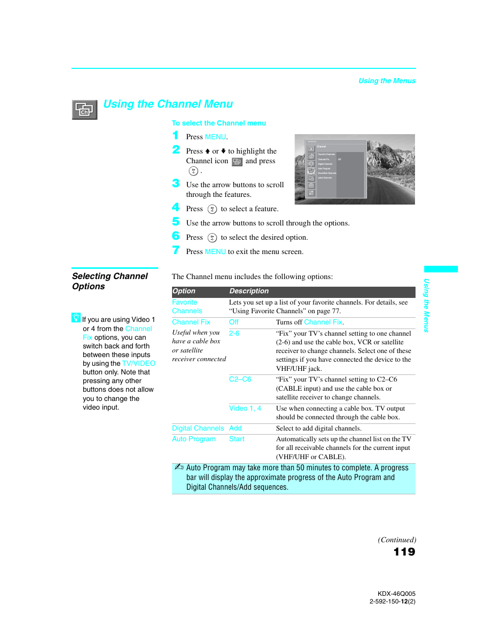 Using the channel menu, Selecting channel options | Sony KDX-46Q005 User Manual | Page 121 / 151