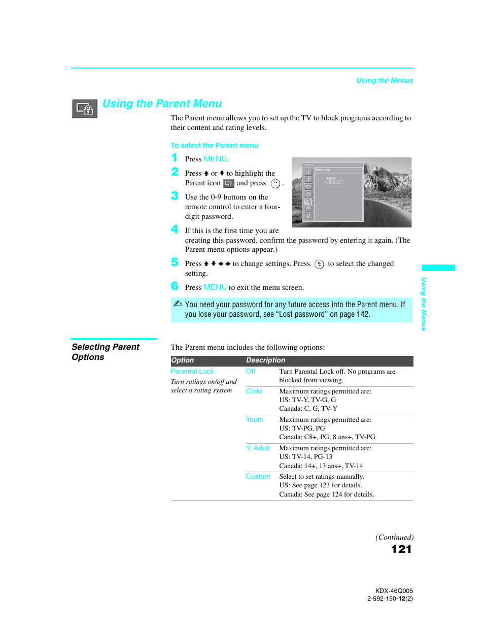 Using the parent menu, Selecting parent options | Sony KDX-46Q005 User Manual | Page 123 / 151