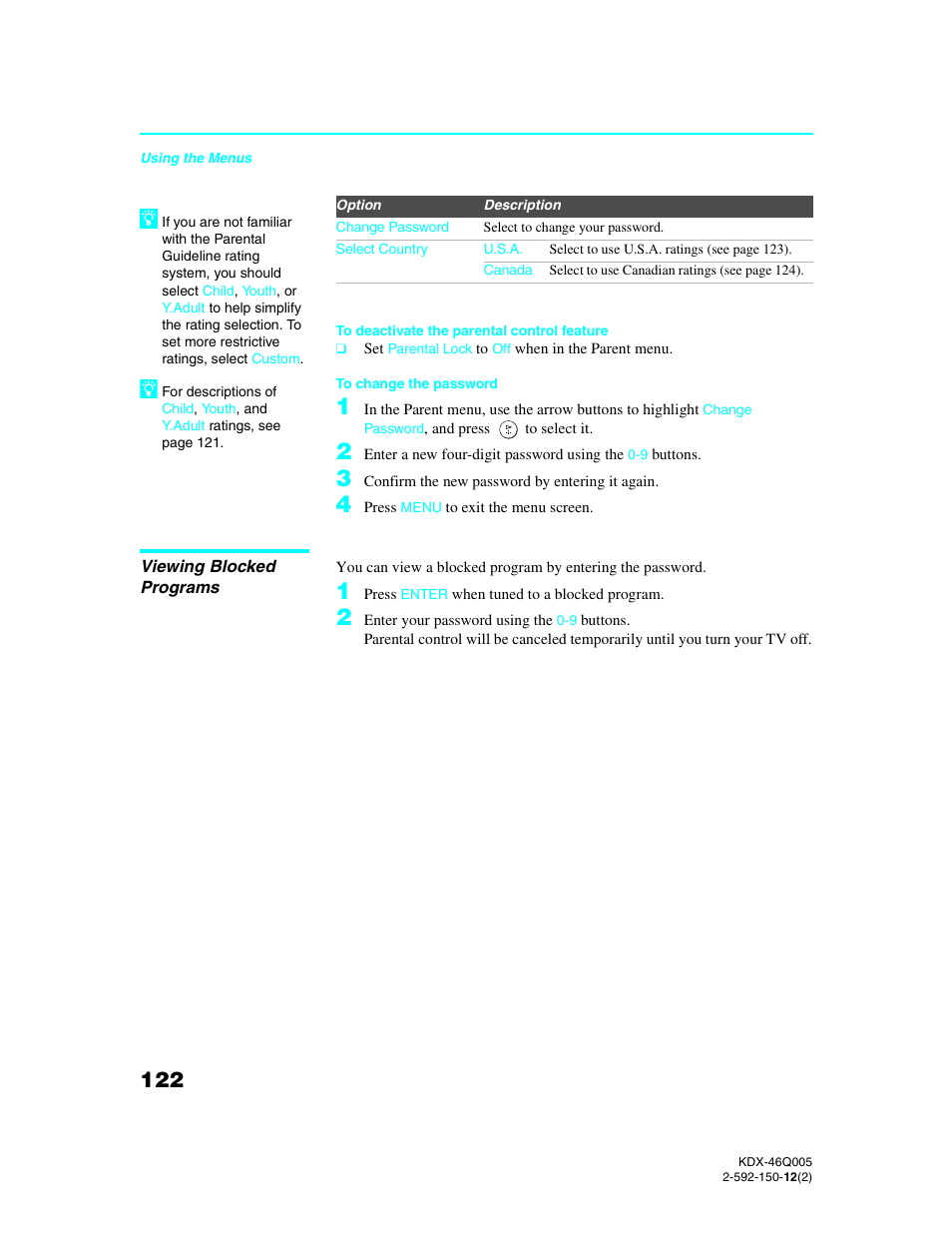 Viewing blocked programs | Sony KDX-46Q005 User Manual | Page 124 / 151