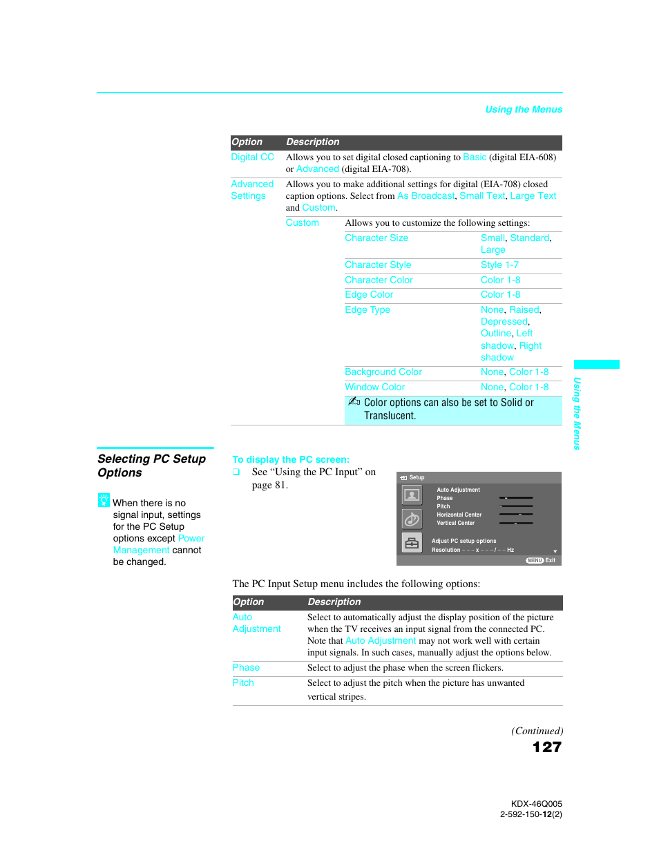 Selecting pc setup options, And 127 | Sony KDX-46Q005 User Manual | Page 129 / 151