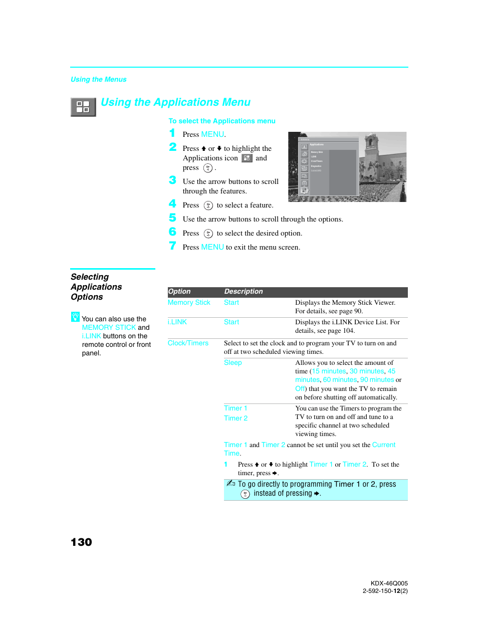 Using the applications menu, Selecting applications options | Sony KDX-46Q005 User Manual | Page 132 / 151