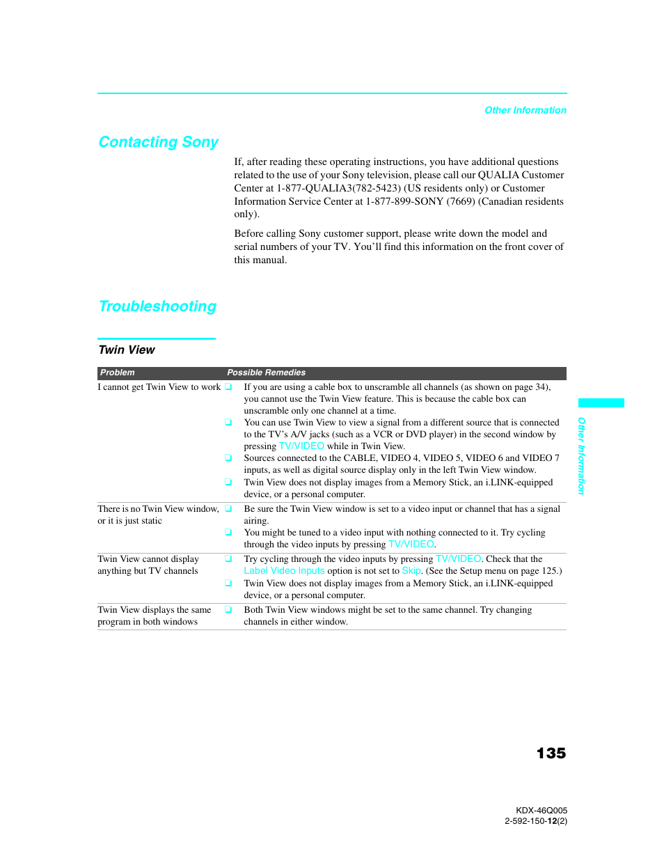 Contacting sony, Troubleshooting, Twin view | Contacting sony troubleshooting | Sony KDX-46Q005 User Manual | Page 137 / 151