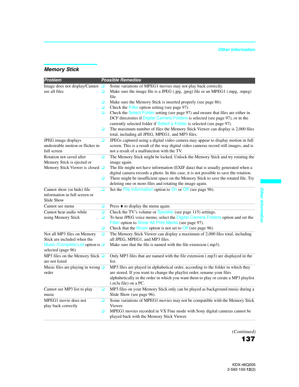 Memory stick | Sony KDX-46Q005 User Manual | Page 139 / 151