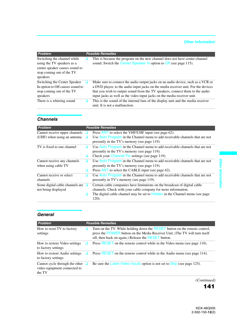 Channels, General, Channels general | Sony KDX-46Q005 User Manual | Page 143 / 151