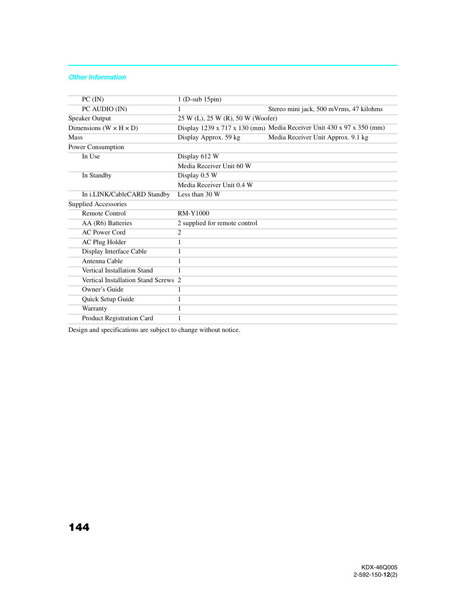 Sony KDX-46Q005 User Manual | Page 146 / 151