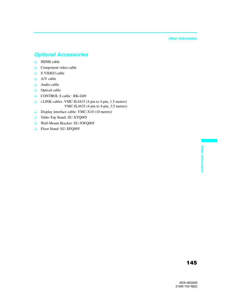 Optional accessories | Sony KDX-46Q005 User Manual | Page 147 / 151