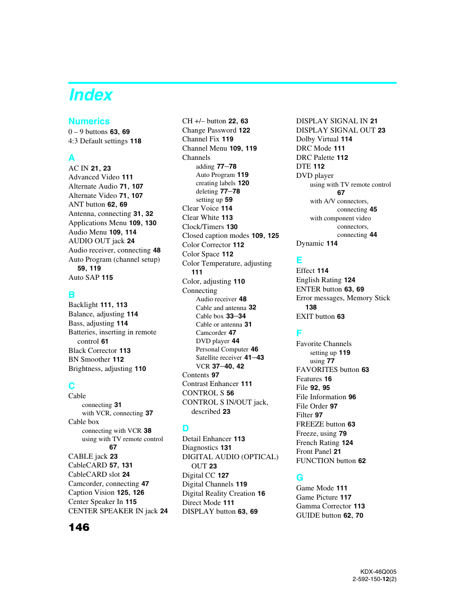 Index | Sony KDX-46Q005 User Manual | Page 148 / 151