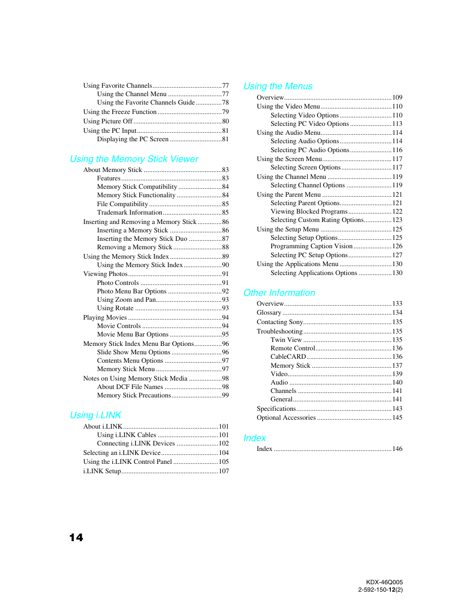 Using i.link, Using the menus, Other information | Index | Sony KDX-46Q005 User Manual | Page 16 / 151