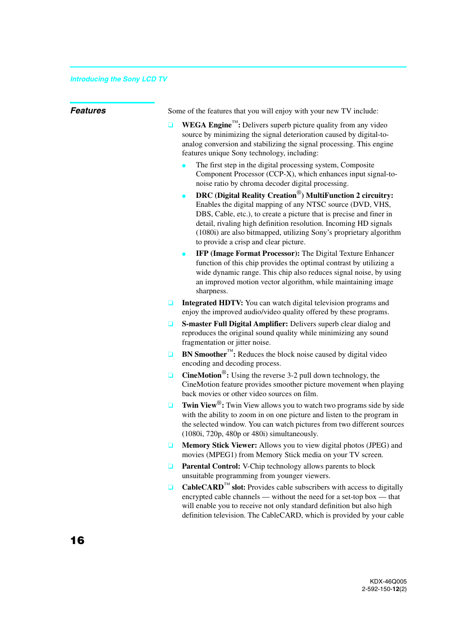 Features | Sony KDX-46Q005 User Manual | Page 18 / 151
