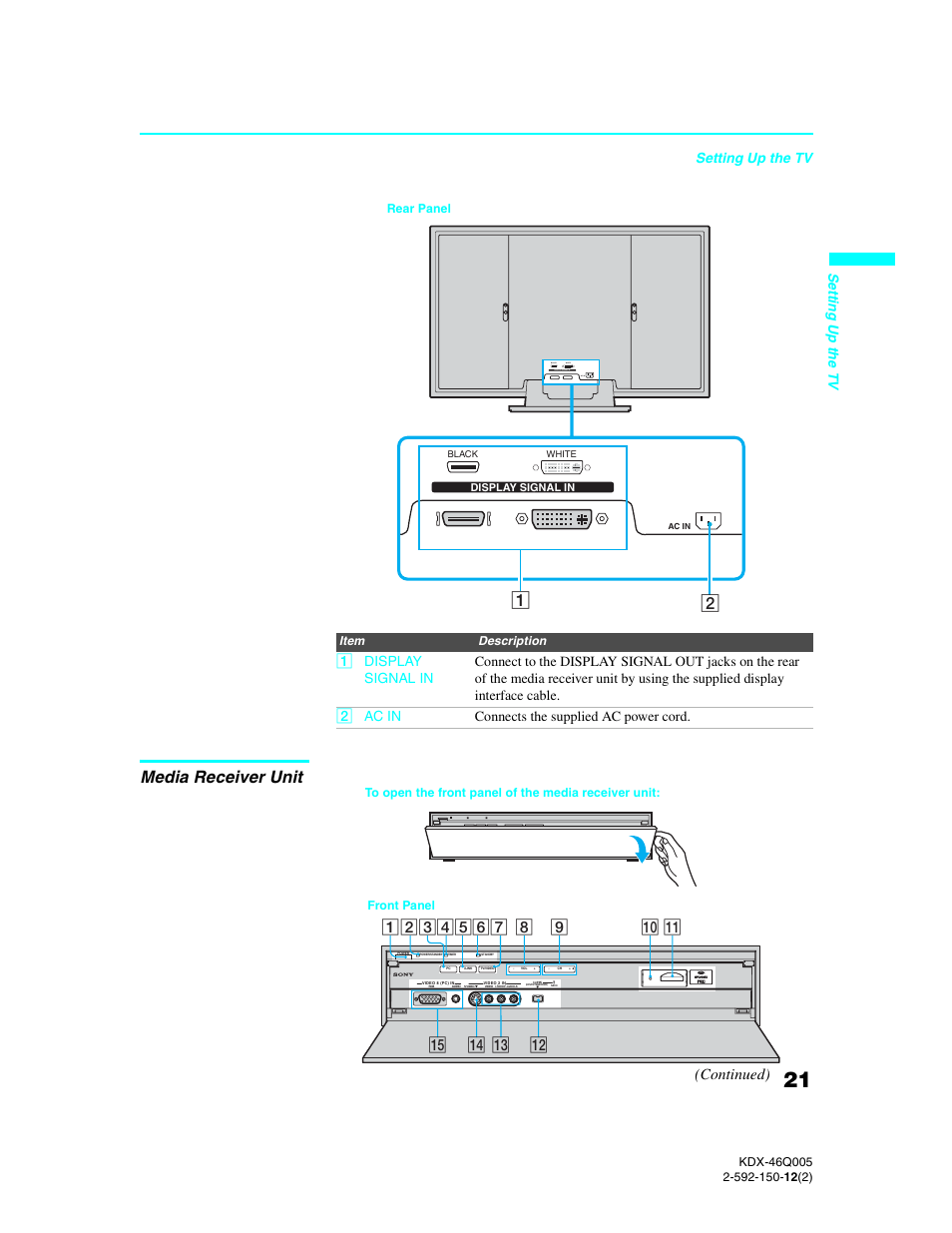 Media receiver unit, Setting up the tv, Se tting up the tv | Sony KDX-46Q005 User Manual | Page 23 / 151