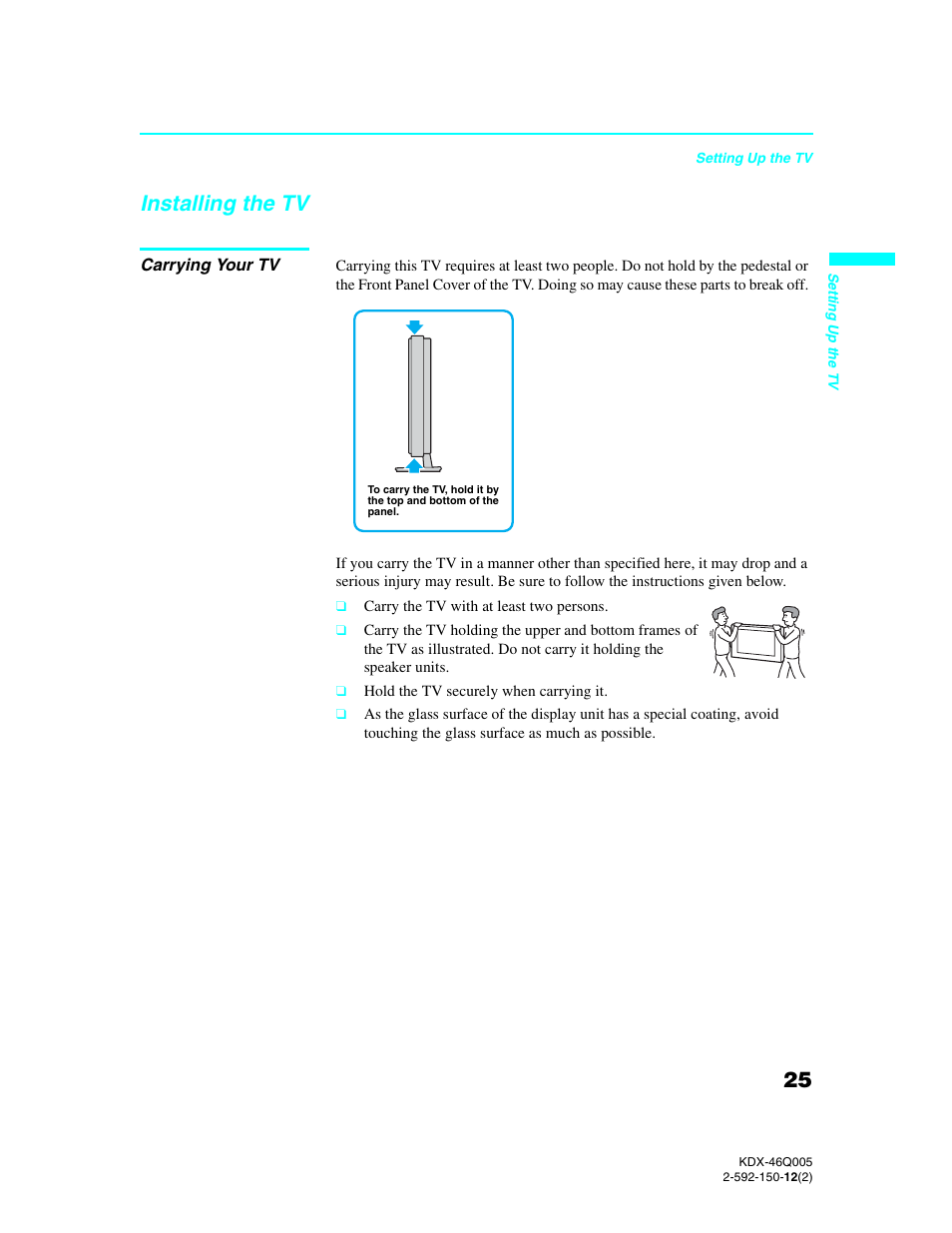Installing the tv, Carrying your tv | Sony KDX-46Q005 User Manual | Page 27 / 151
