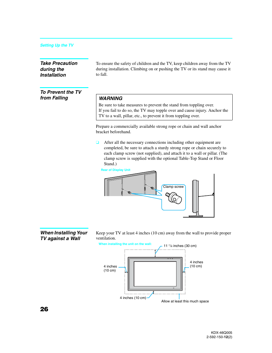 Take precaution during the installation, To prevent the tv from falling, When installing your tv against a wall | Warning | Sony KDX-46Q005 User Manual | Page 28 / 151
