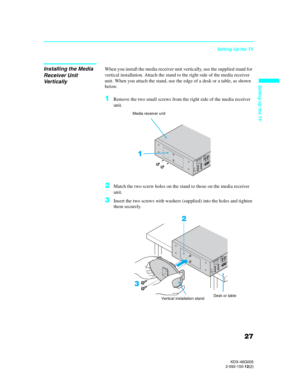 Installing the media receiver unit vertically | Sony KDX-46Q005 User Manual | Page 29 / 151