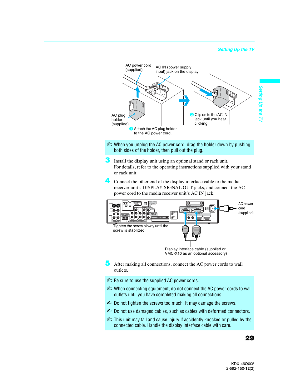 Be sure to use the supplied ac power cords, Setting up the tv, Se tting up the tv | Sony KDX-46Q005 User Manual | Page 31 / 151