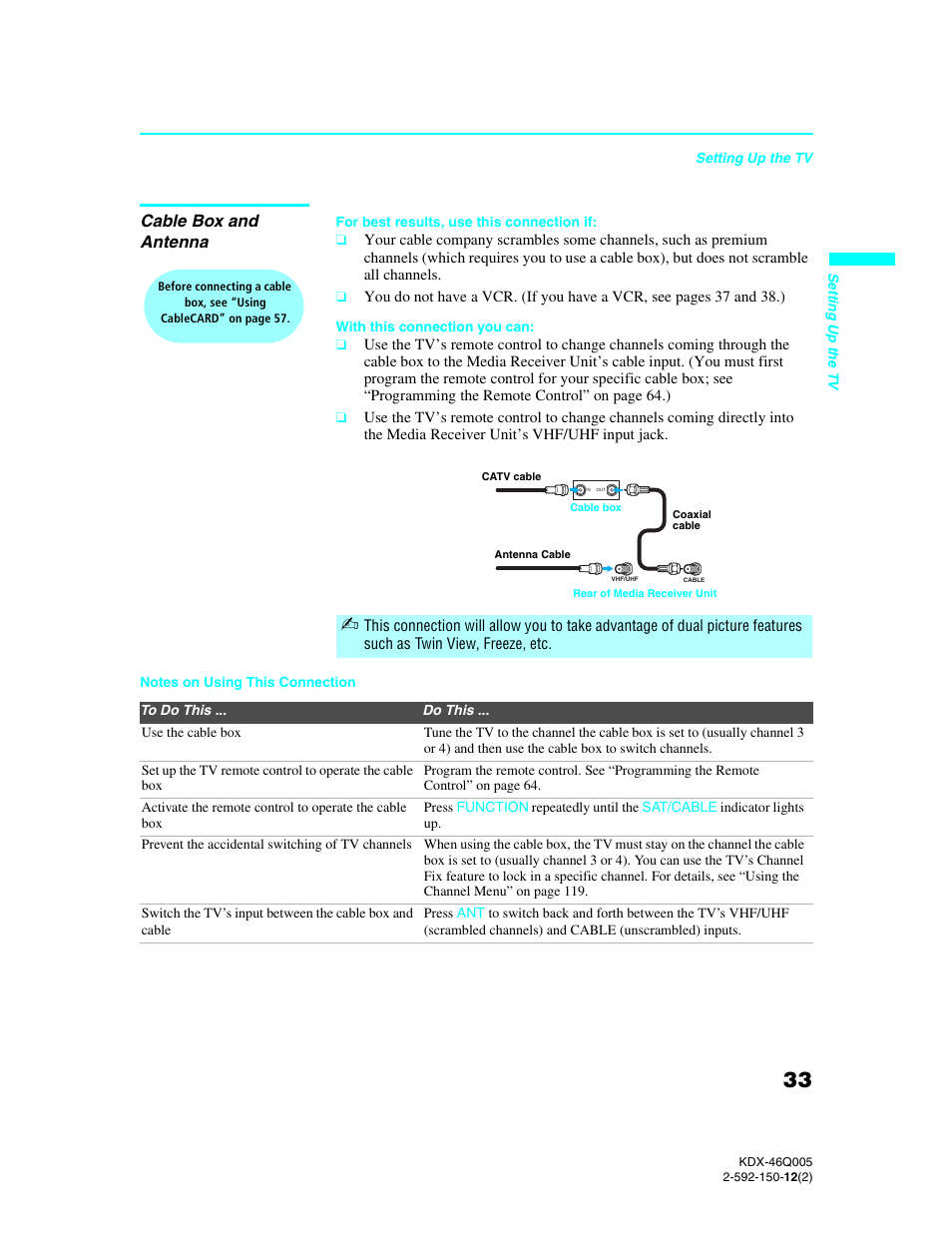 Cable box and antenna | Sony KDX-46Q005 User Manual | Page 35 / 151
