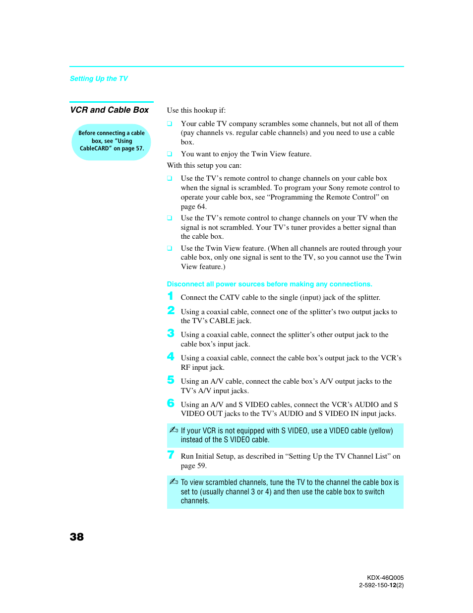 Vcr and cable box, And 38, D 38.) | Sony KDX-46Q005 User Manual | Page 40 / 151